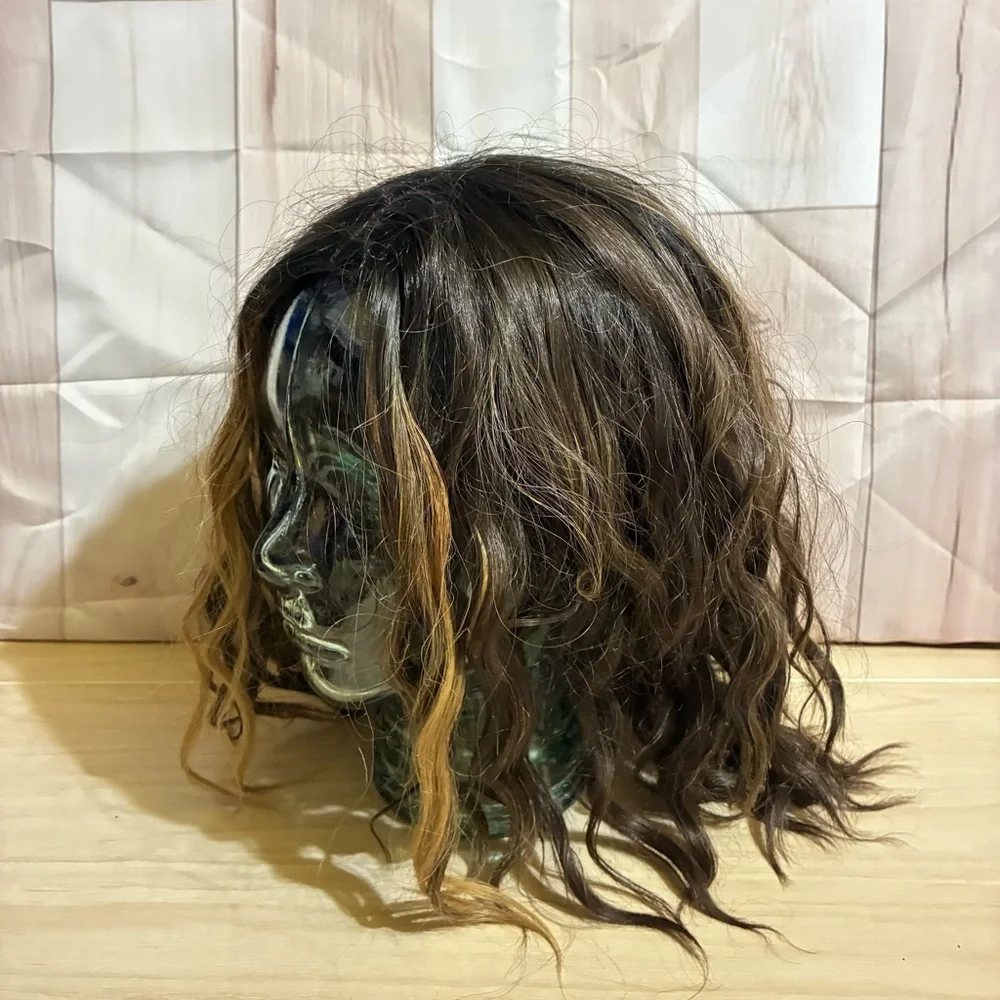Ombré Wavy Wig Front Lace Middle Part Bob Brown/Blonde Highlight Shoulder Length